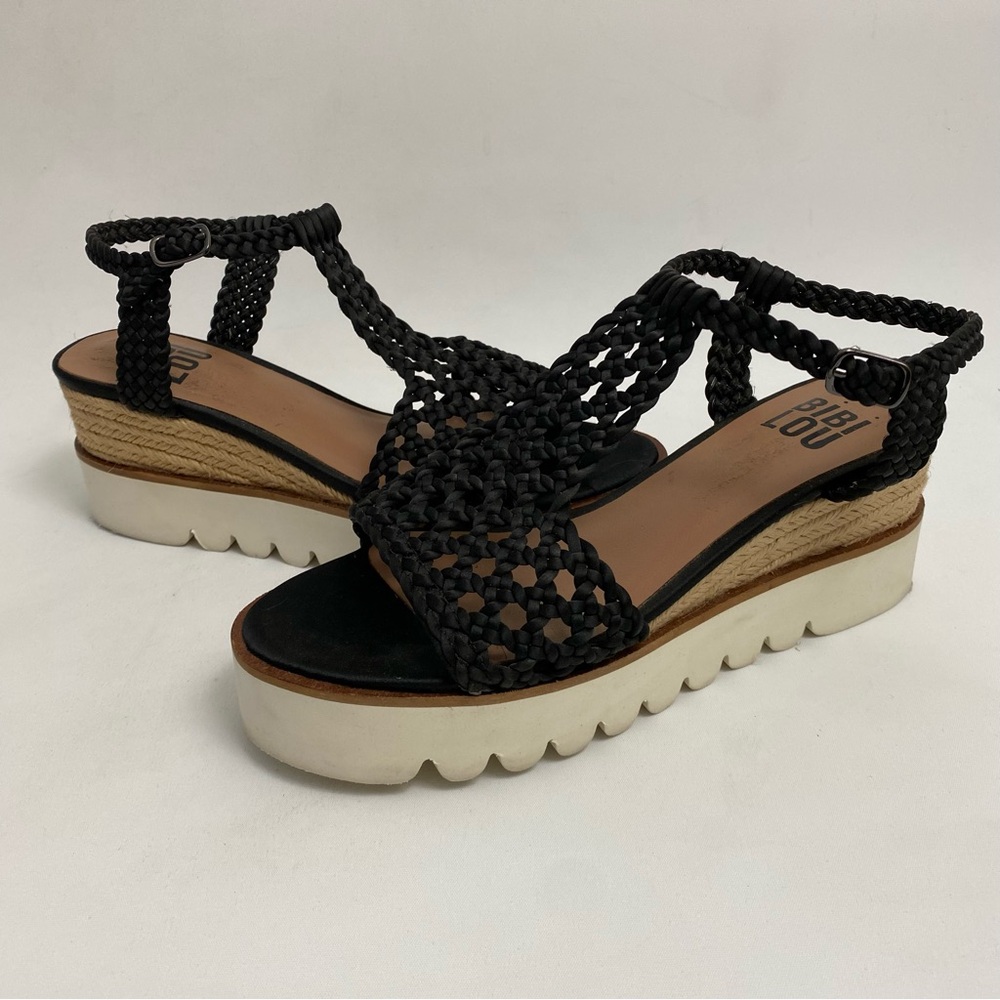 BIBI LOU Platform Sandals 7 - 7.5 / 38 Black Woven Ankle Strap Open Toe Wedge - Picture 10 of 16